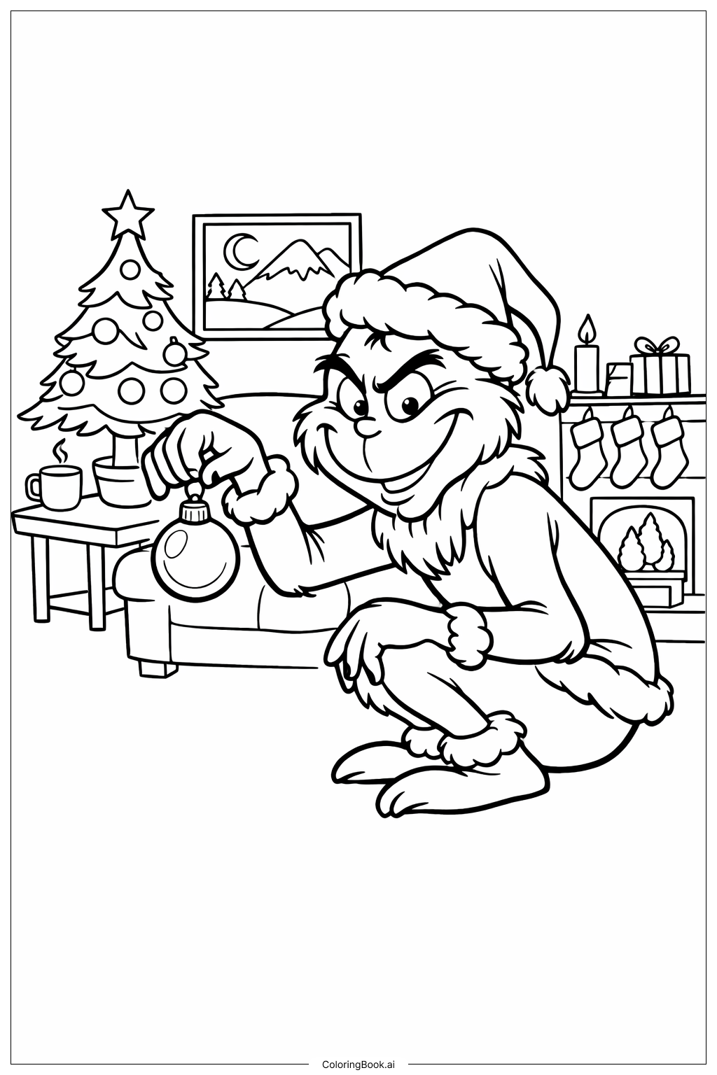  グリンチのクリスマスオーナメント遊びの塗り絵ページ 