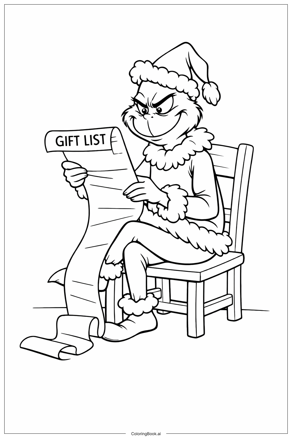 グリンチのクリスマス読書リストの塗り絵ページ 