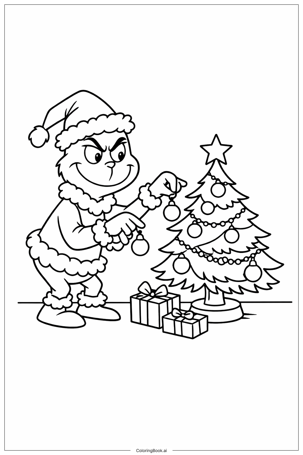  グリンチのクリスマスツリー飾りの塗り絵ページ 