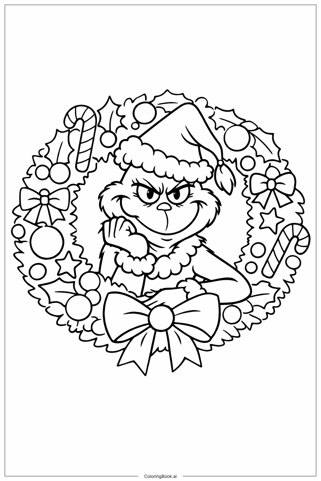  リースと一緒のグリンチのクリスマスの塗り絵ページ 