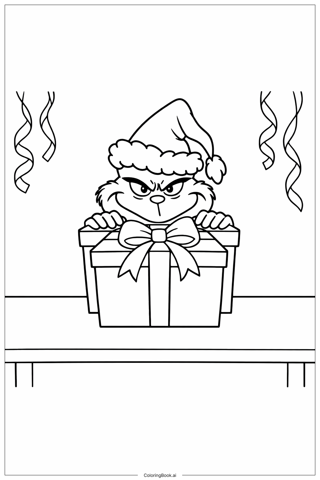  グリンチのクリスマスラッピングプレゼントの塗り絵ページ 