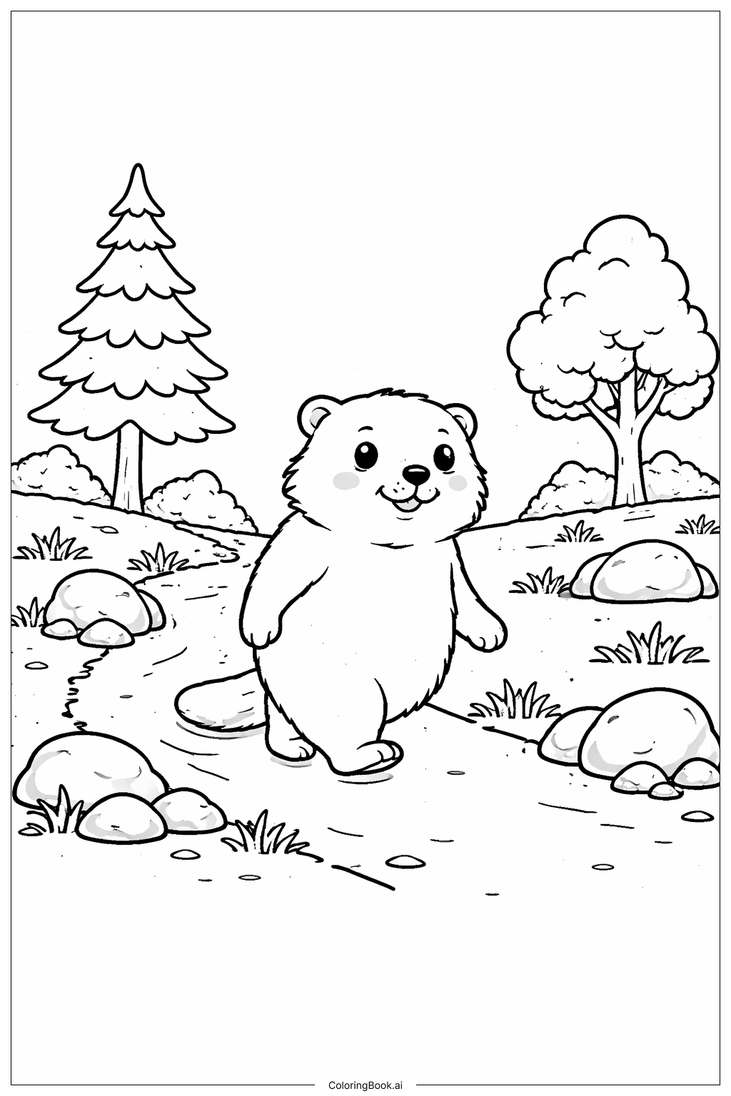 土撥鼠探險森林小徑著色頁 