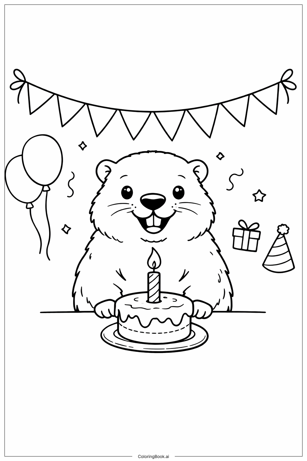  土撥鼠與生日蛋糕著色頁 