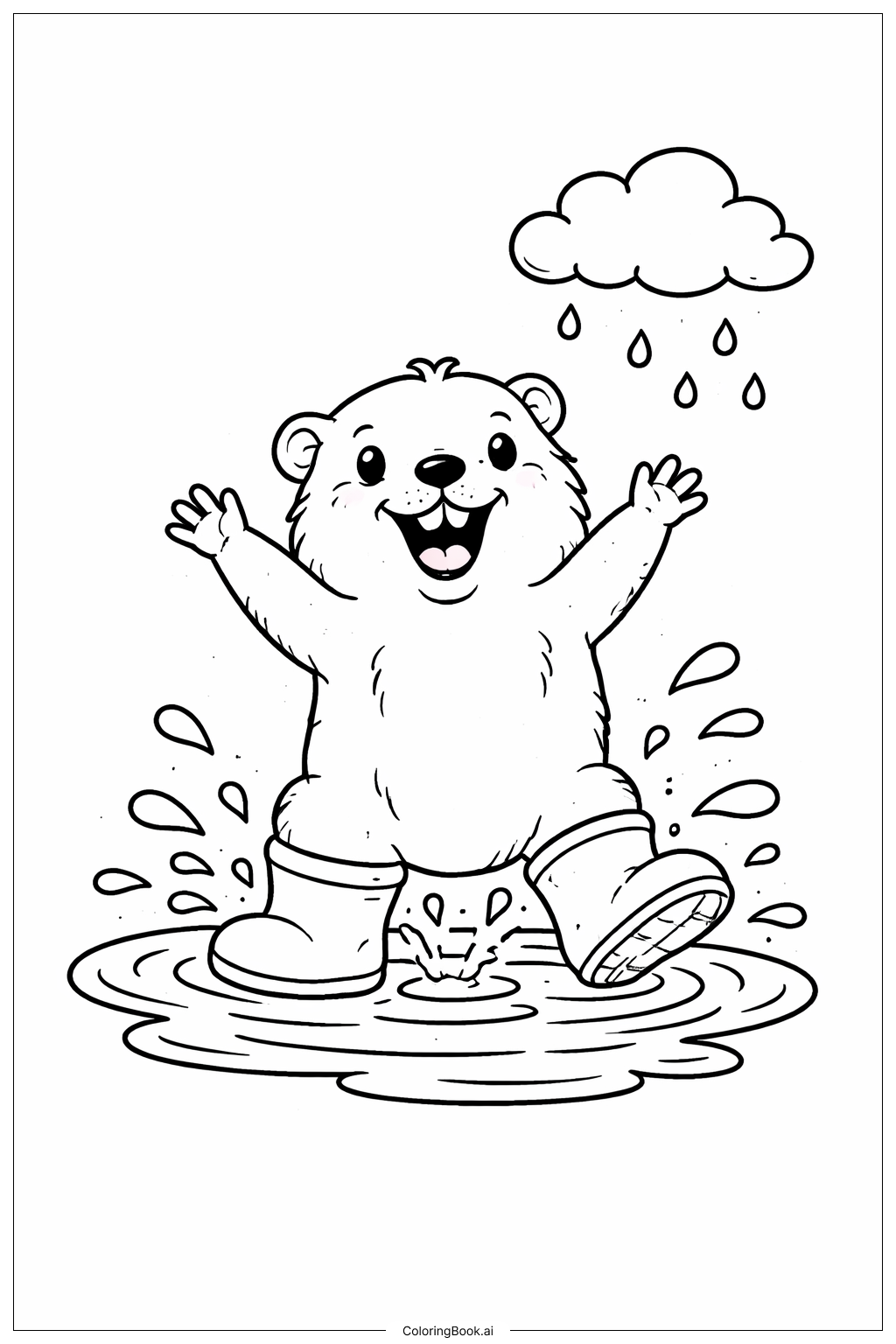  穿雨鞋的土撥鼠和水坑著色頁 