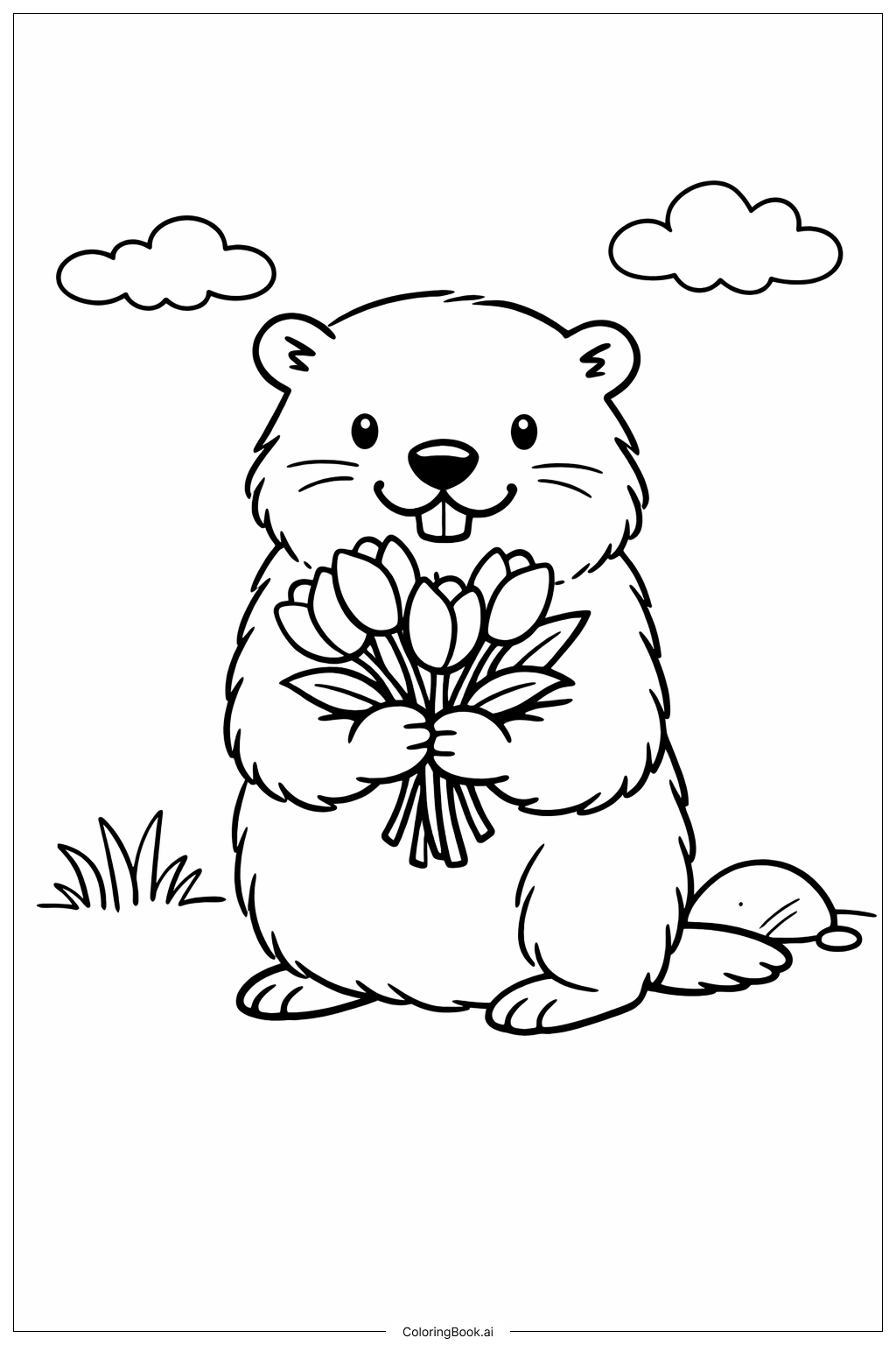  土撥鼠與春季花朵著色頁 