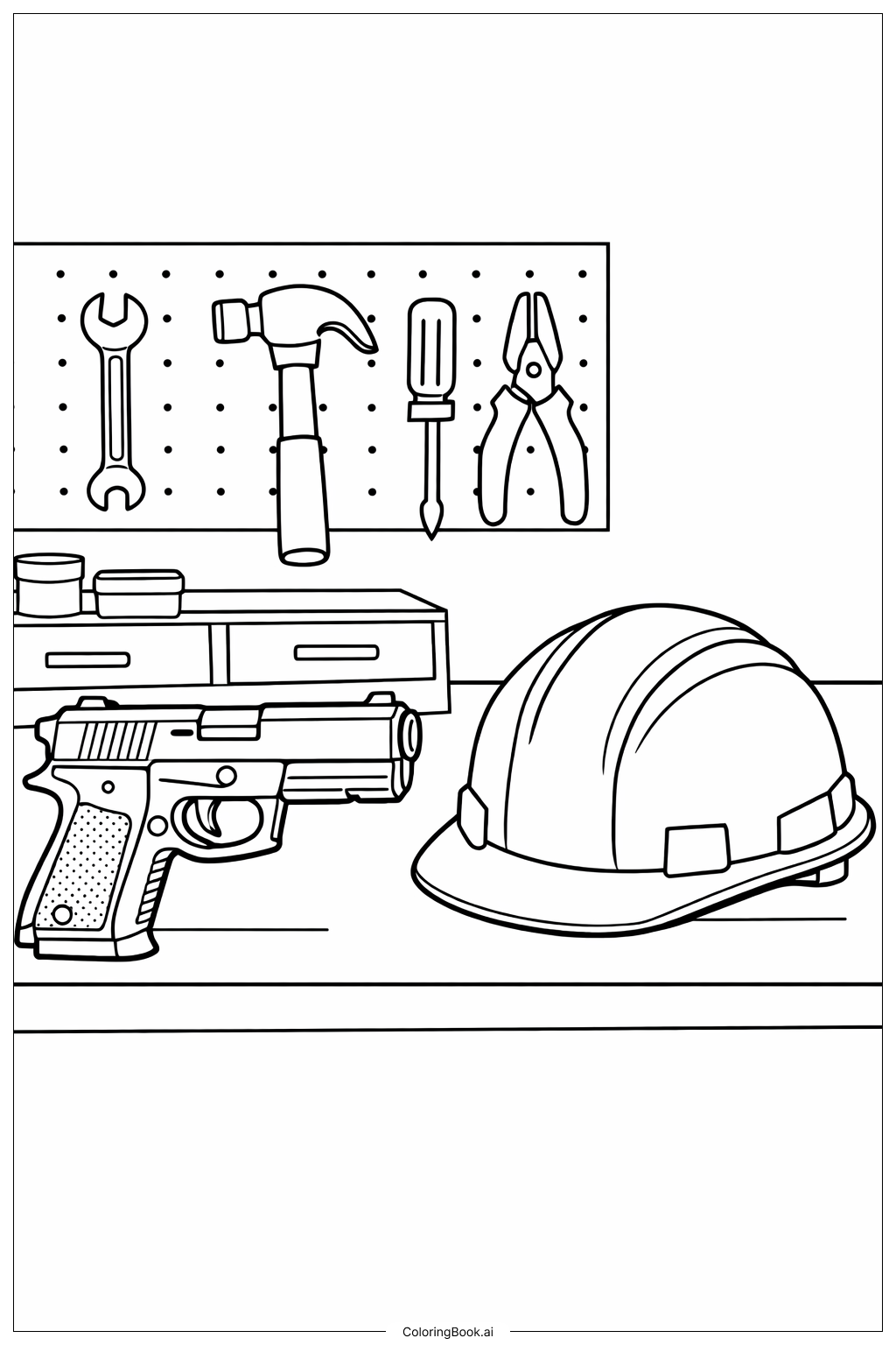 Page de coloriage Pistolet et Casque de Sécurité 