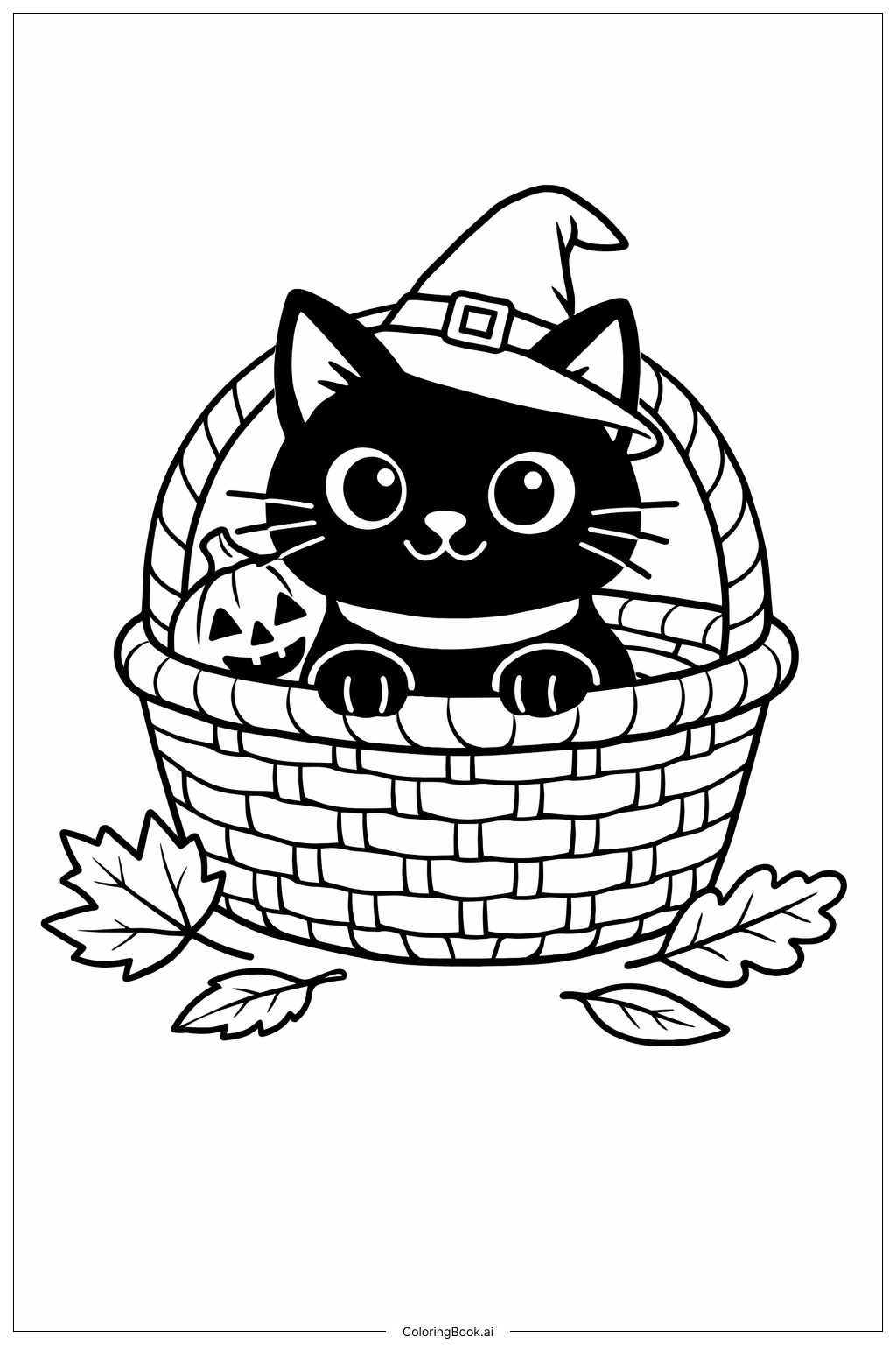  할로윈 바구니 속 고양이 색칠공부 페이지 