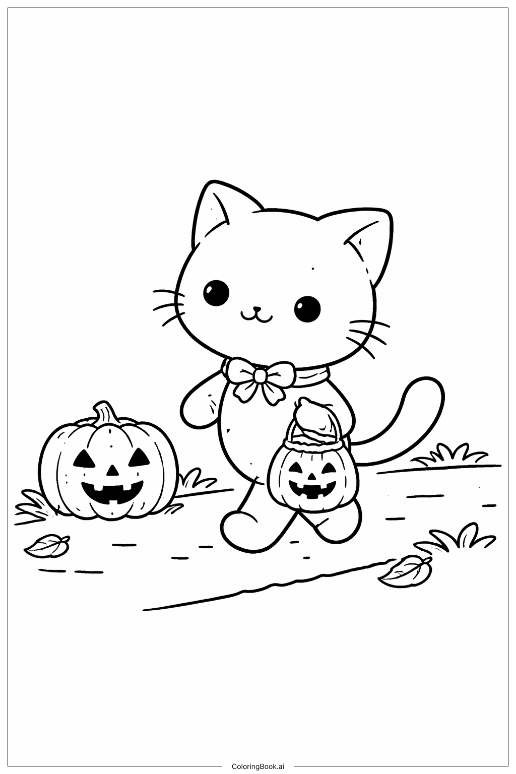  Halloween-Katzen-Süßes-oder-Saures-Spaziergang Ausmalseite 