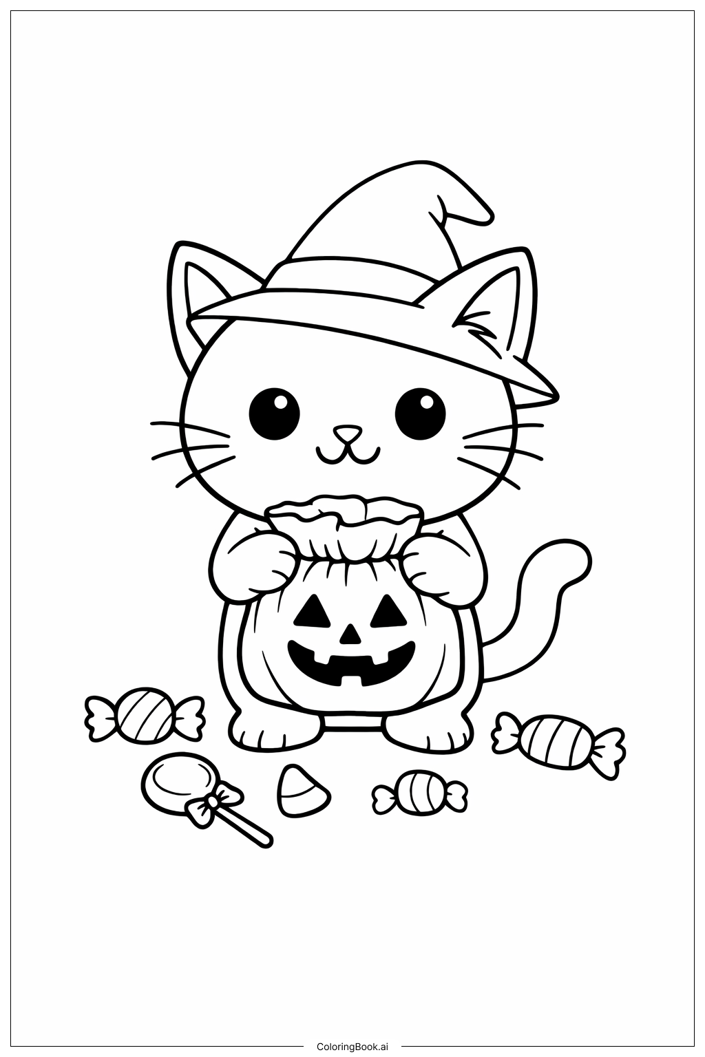  Halloween Cat With Candy Bag Coloring Page 