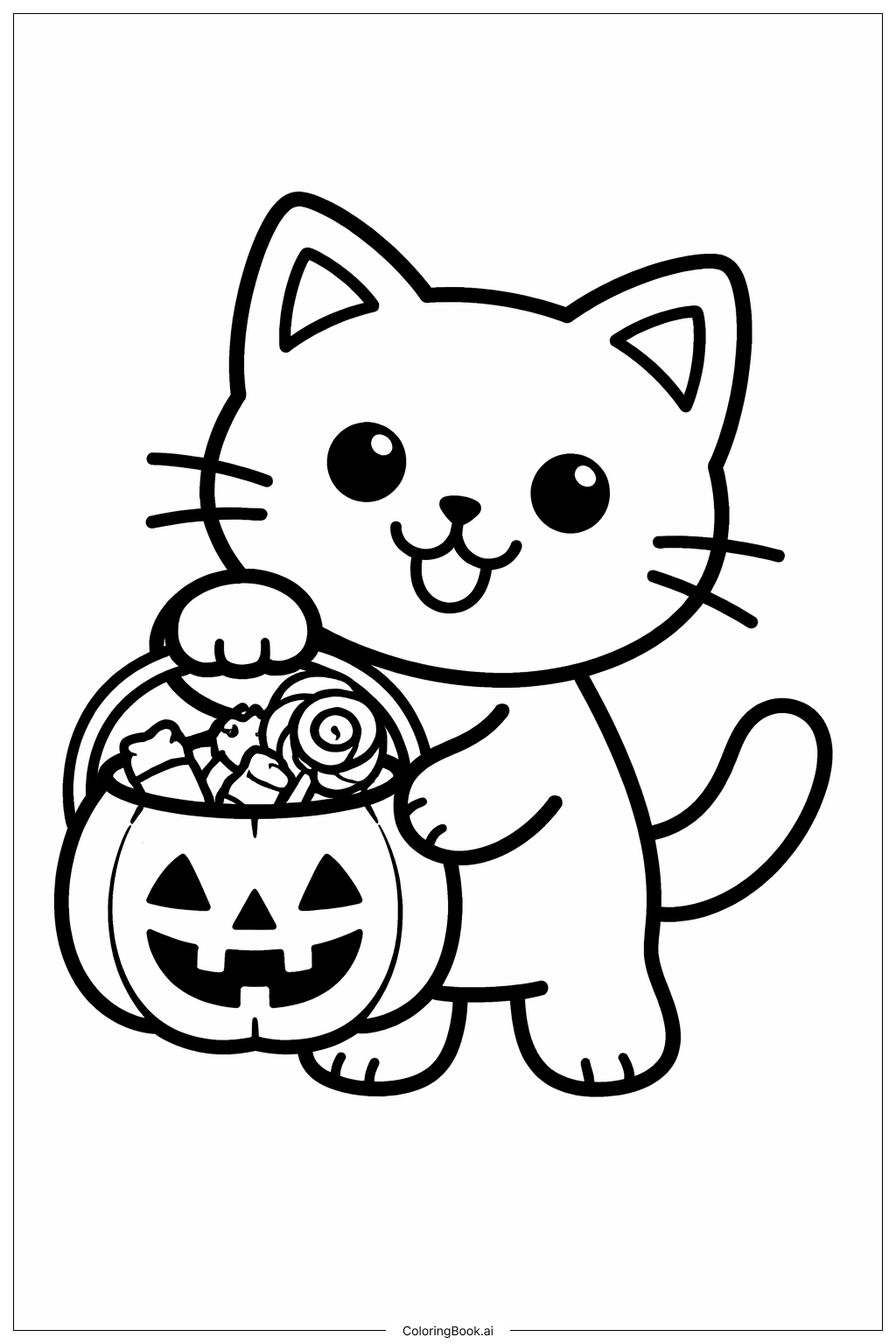  Halloween-Katze mit Süßigkeiten Ausmalseite 