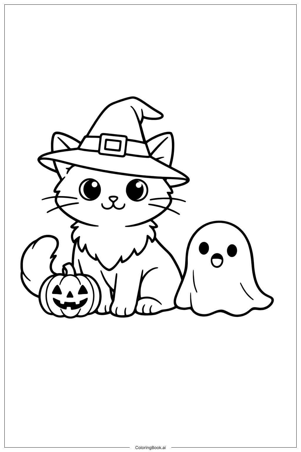 Halloween-Katze mit freundlichem Geist Ausmalseite 
