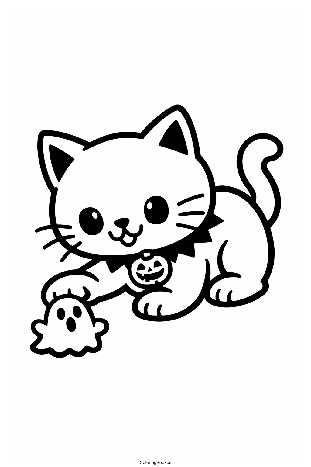  Halloween-Katze mit Geisterspielzeug Ausmalseite 