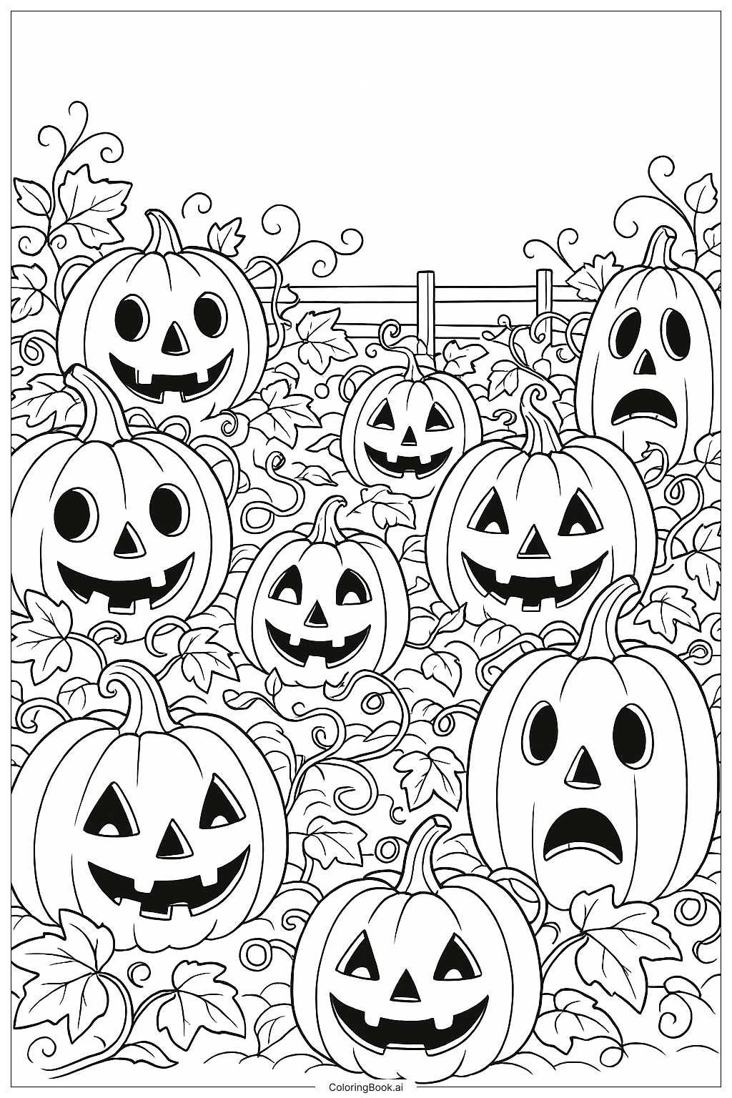 ハロウィーンカボチャ 混雑したカボチャ畑の塗り絵ページ