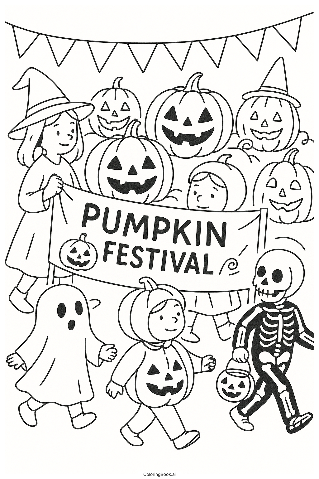 ハロウィンパンプキンフェスティバルパレードの場面の塗り絵ページ