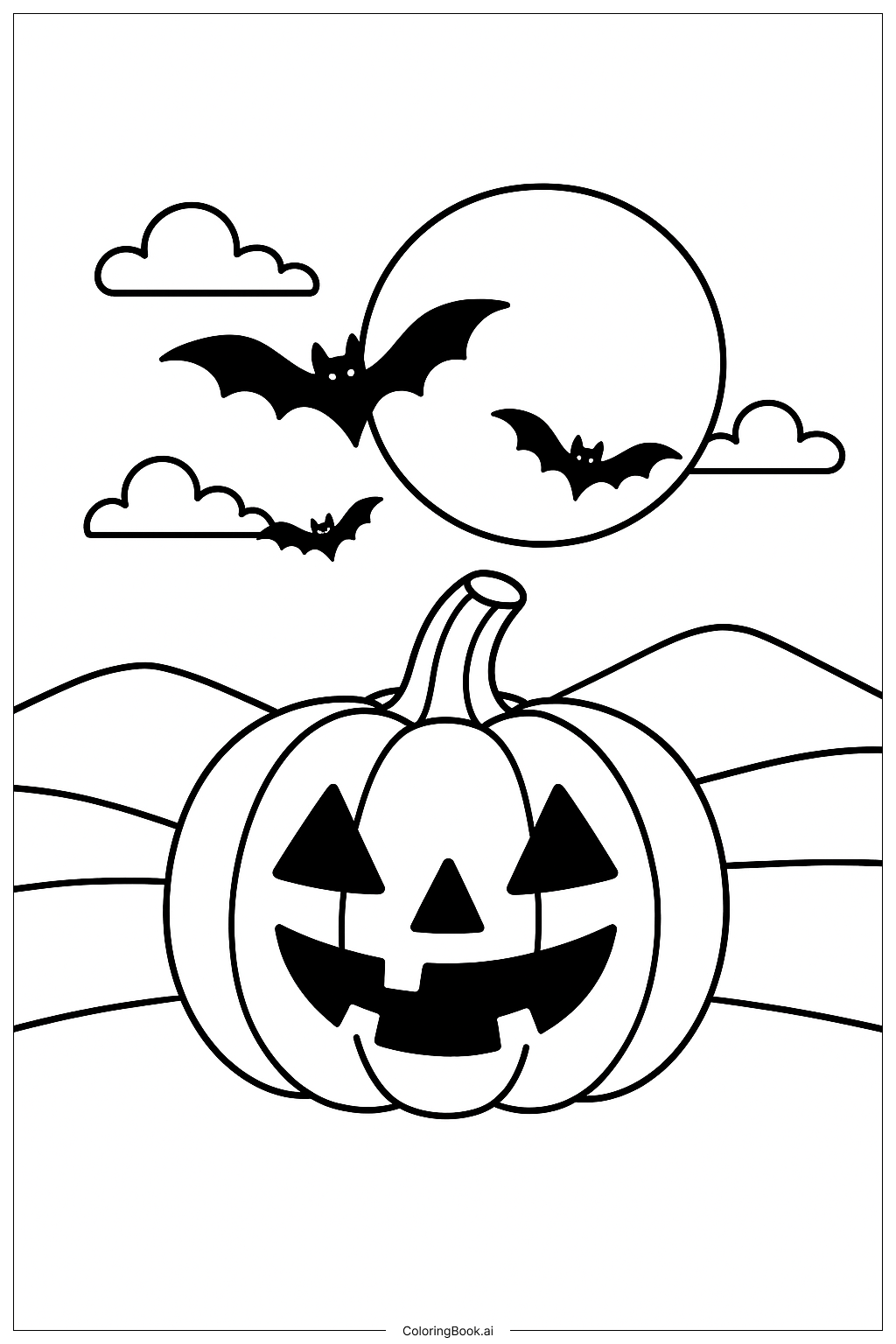 ハロウィンのかぼちゃと満月の夜景の塗り絵ページ