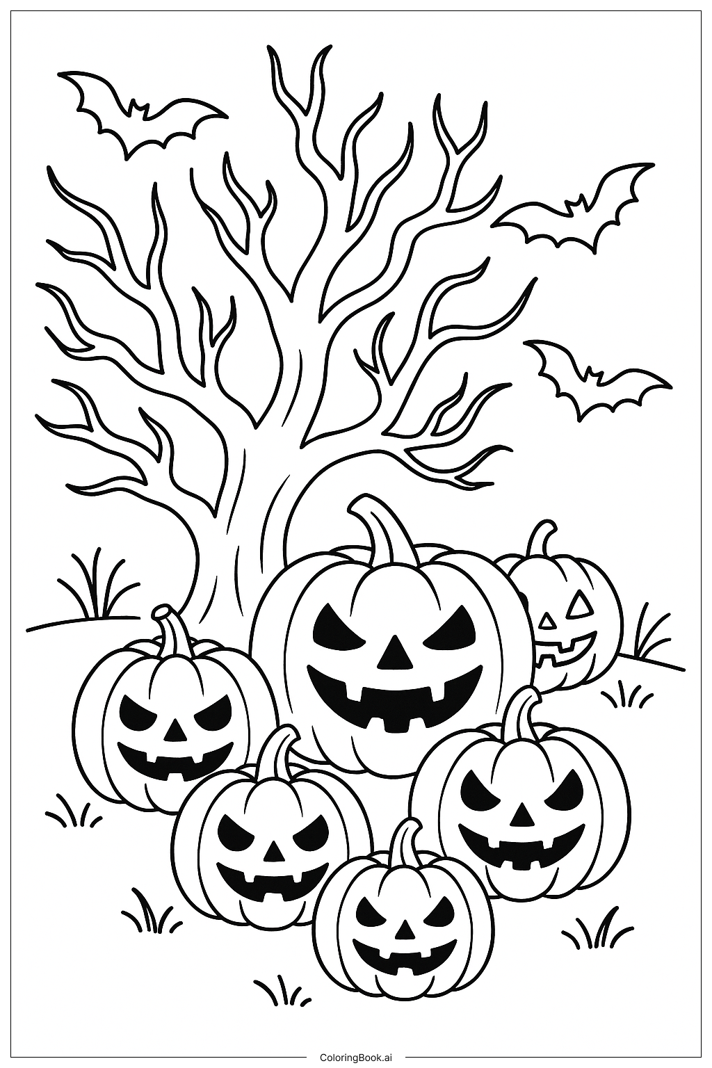 ハロウィンのカボチャとお化けの庭の風景の塗り絵ページ