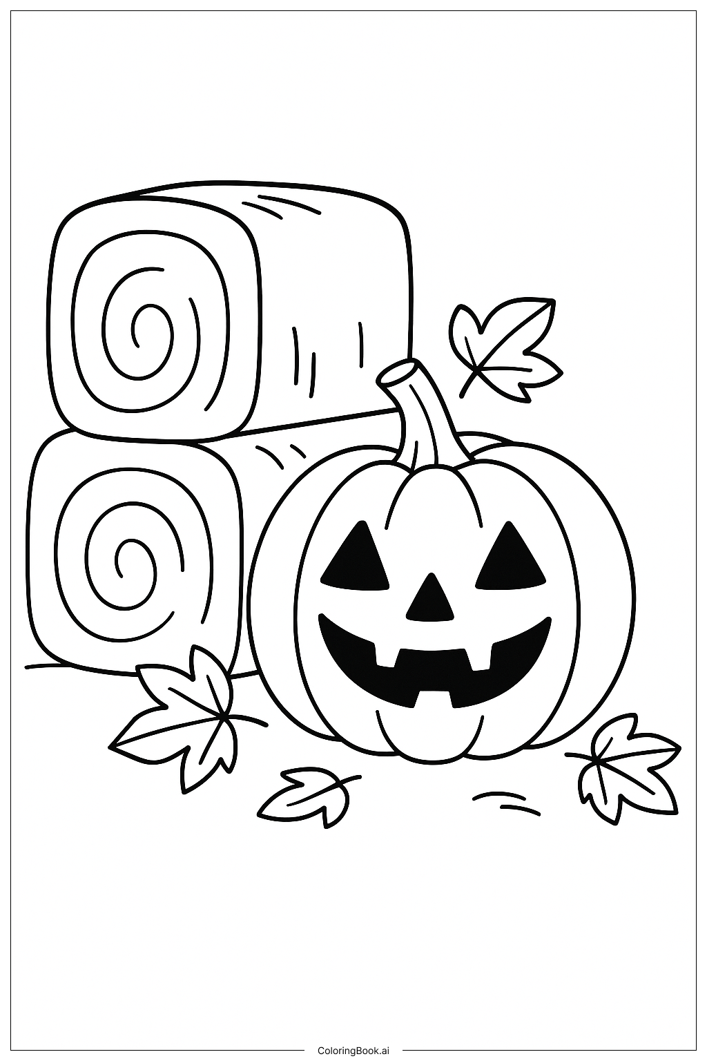 Halloween-Kürbis neben Heuballen Ausmalseite
