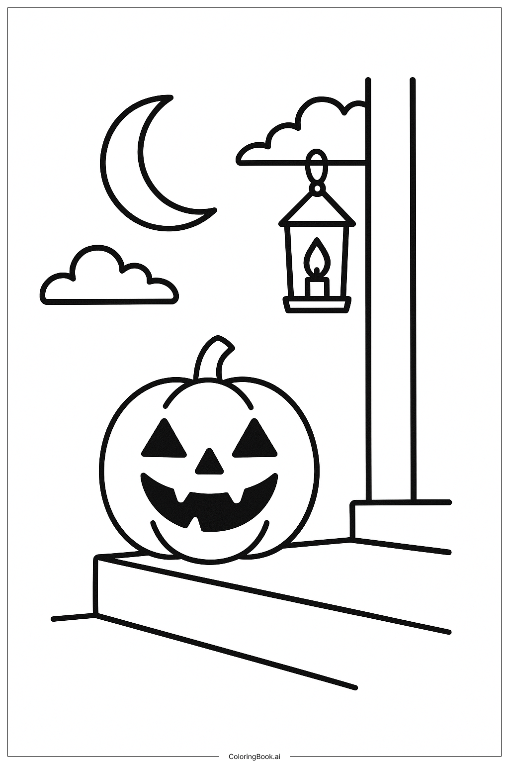 Página para colorir de Abóbora de Halloween na Varanda