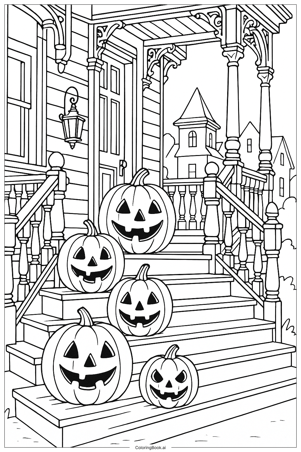 ハロウィンパンプキンのビクトリア様式のポーチの風景の塗り絵ページ