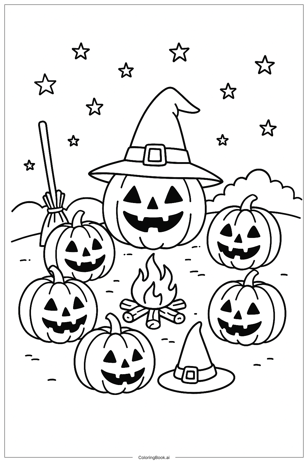  Halloween Kürbis Hexe Lagerfeuerkreis Ausmalseite 