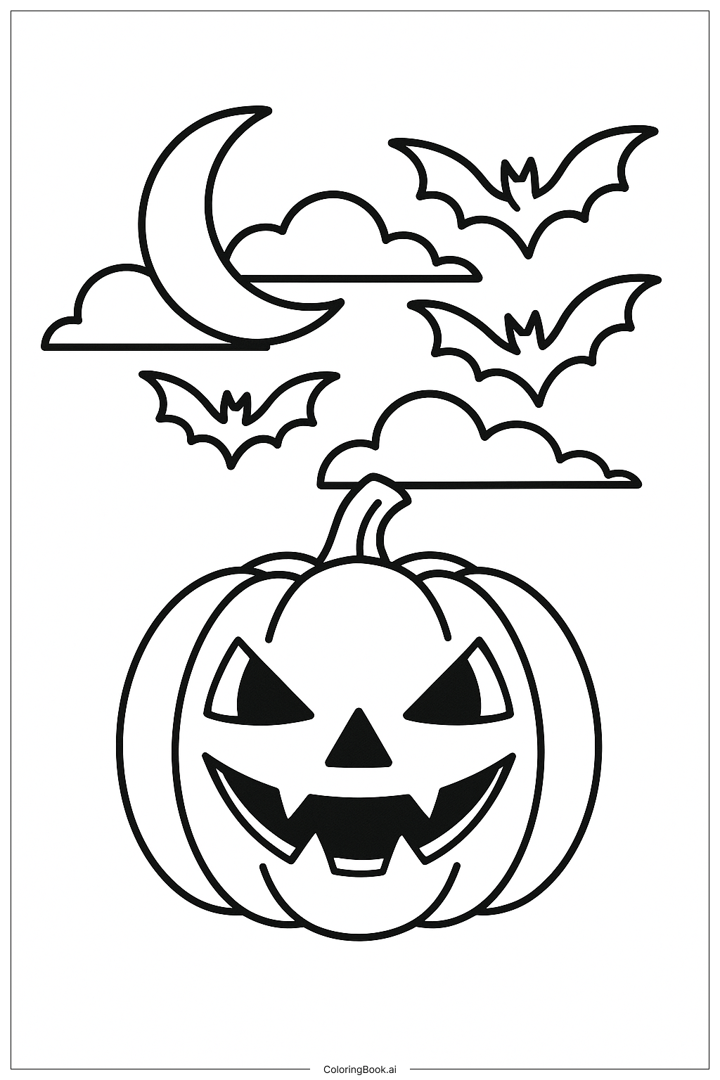 ハロウィンのかぼちゃと飛ぶコウモリと月の塗り絵ページ