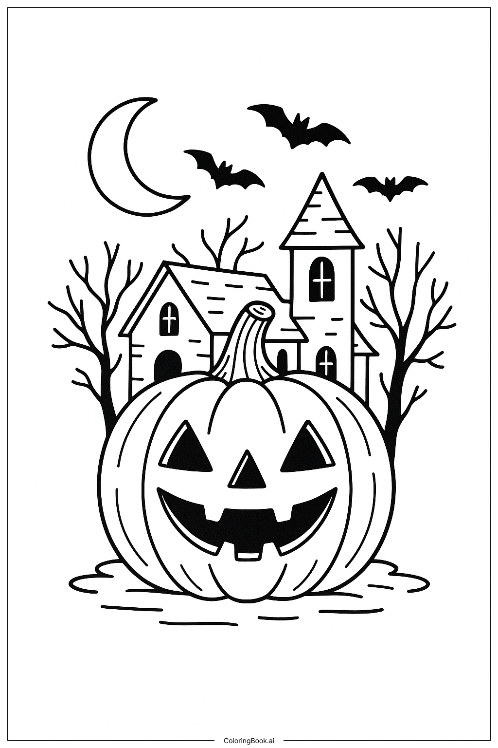  Halloween Pumpkin With Haunted House Coloring Page 