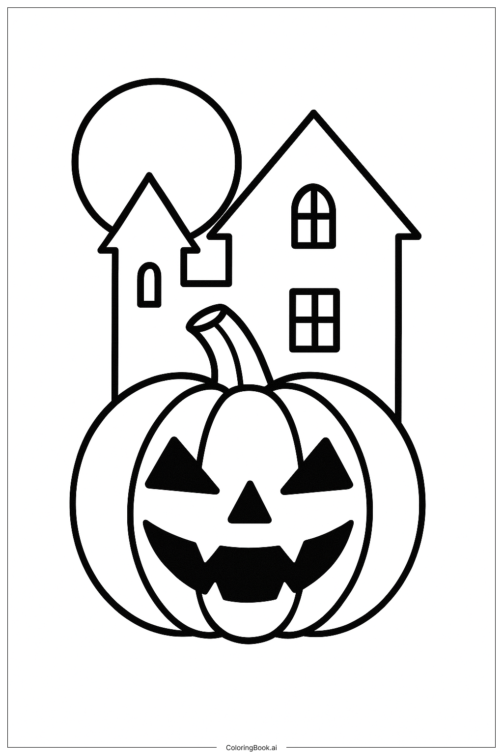 Halloween Pumpkin With Silhouette House Coloring Page