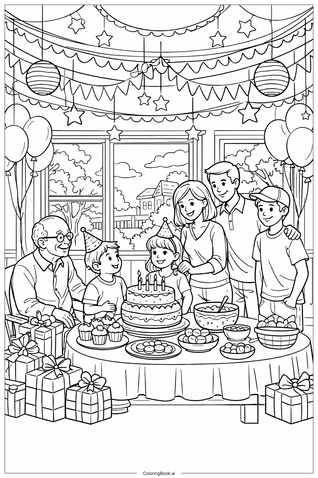  Fröhliche Geburtstagsparty drinnen für Papa Ausmalseite 