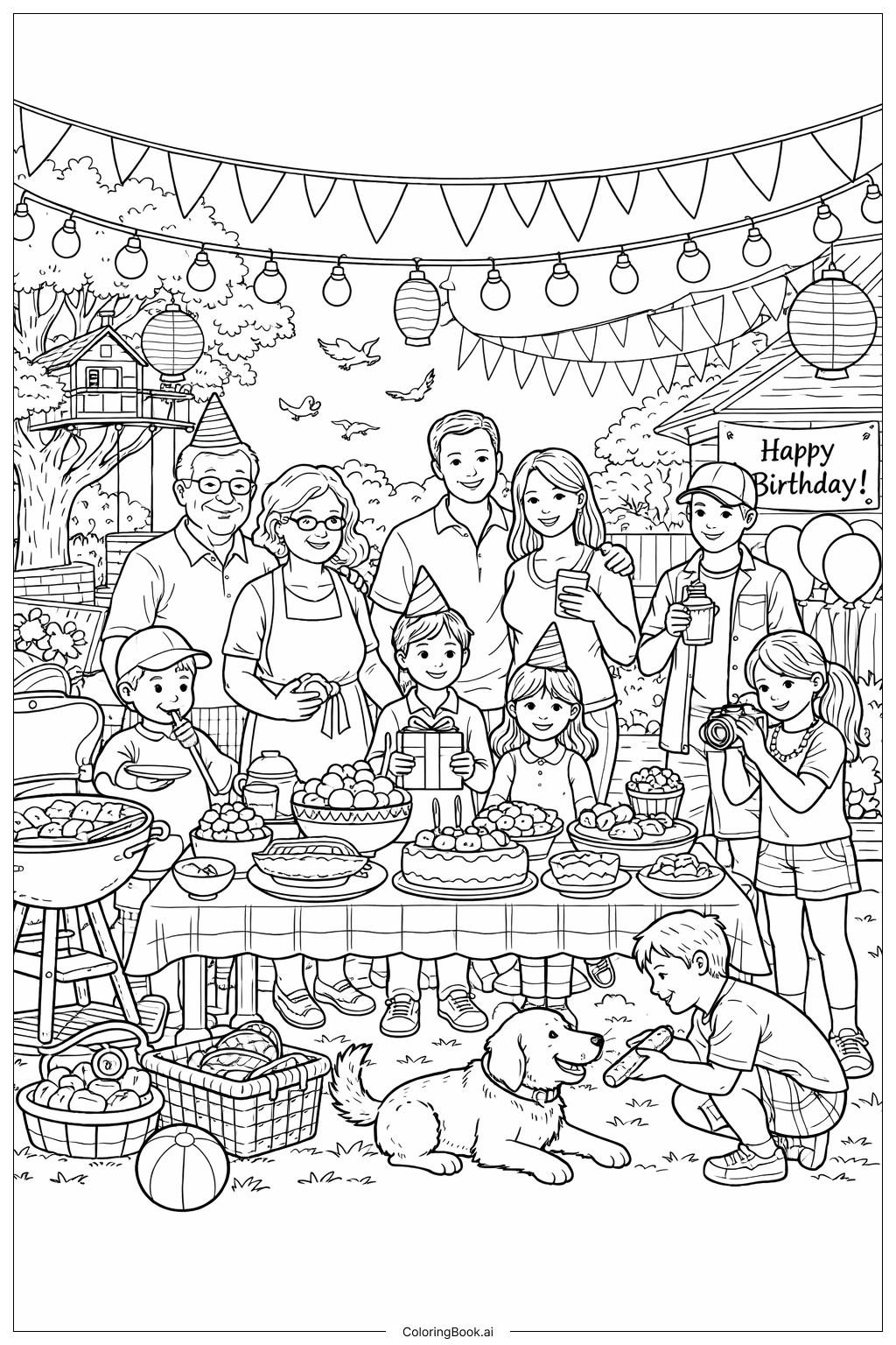 爸爸生日快乐 多代家庭派对填色页