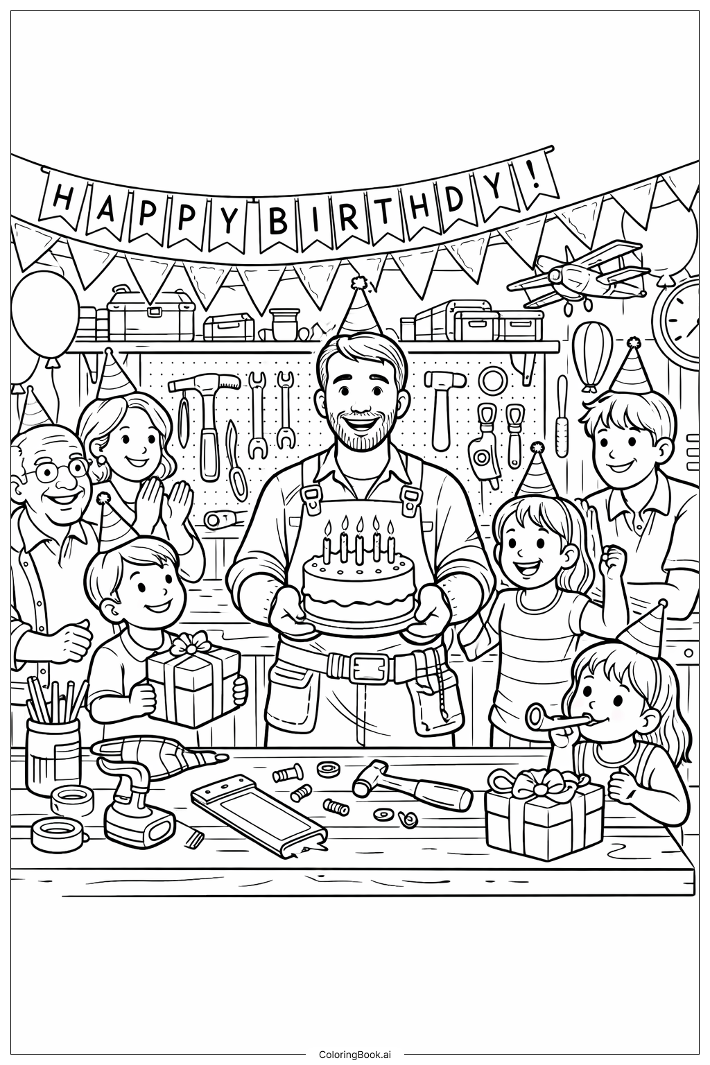 爸爸生日快乐工坊生日派对填色页