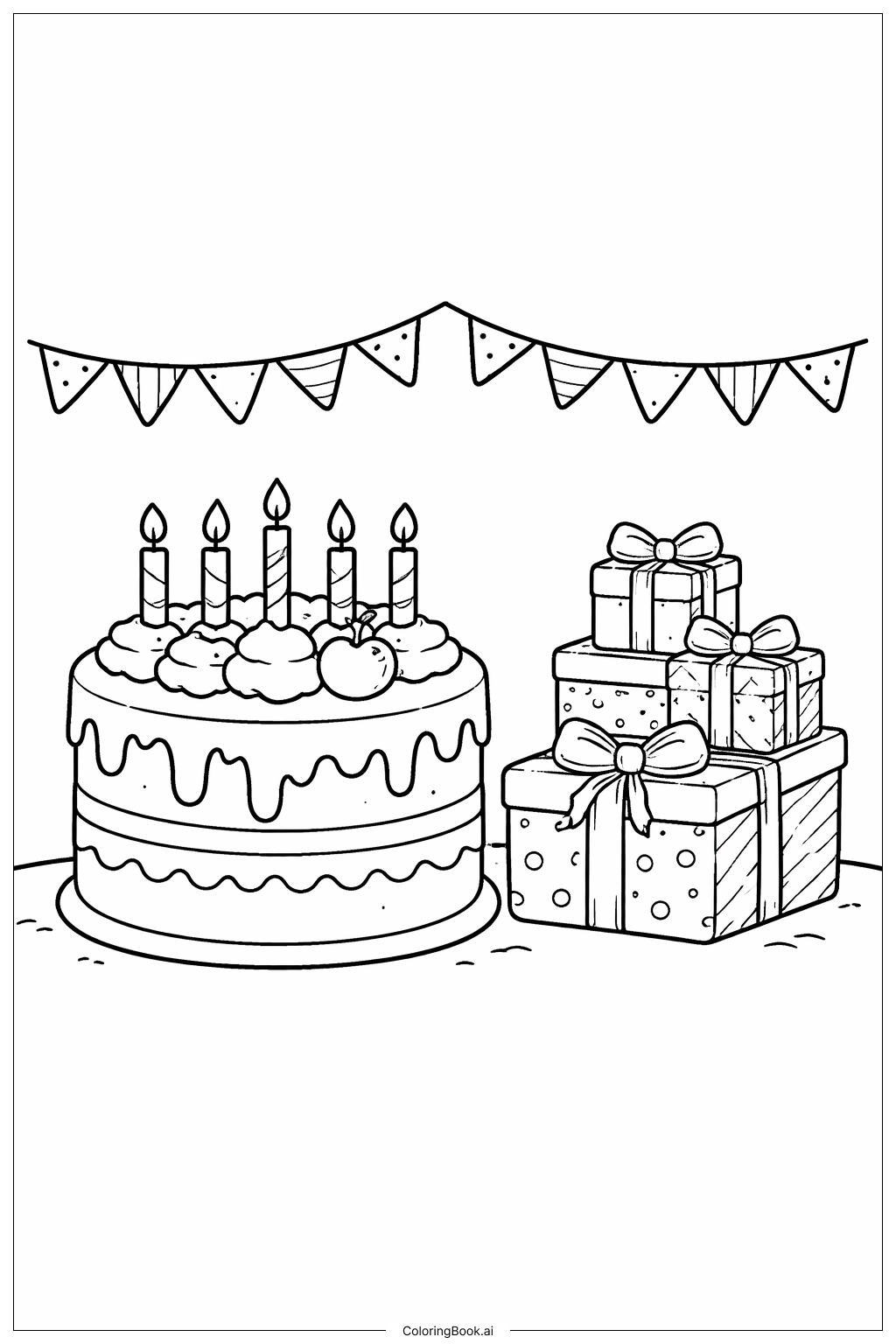  ドクター・スースの誕生日ケーキとプレゼントの塗り絵ページ 