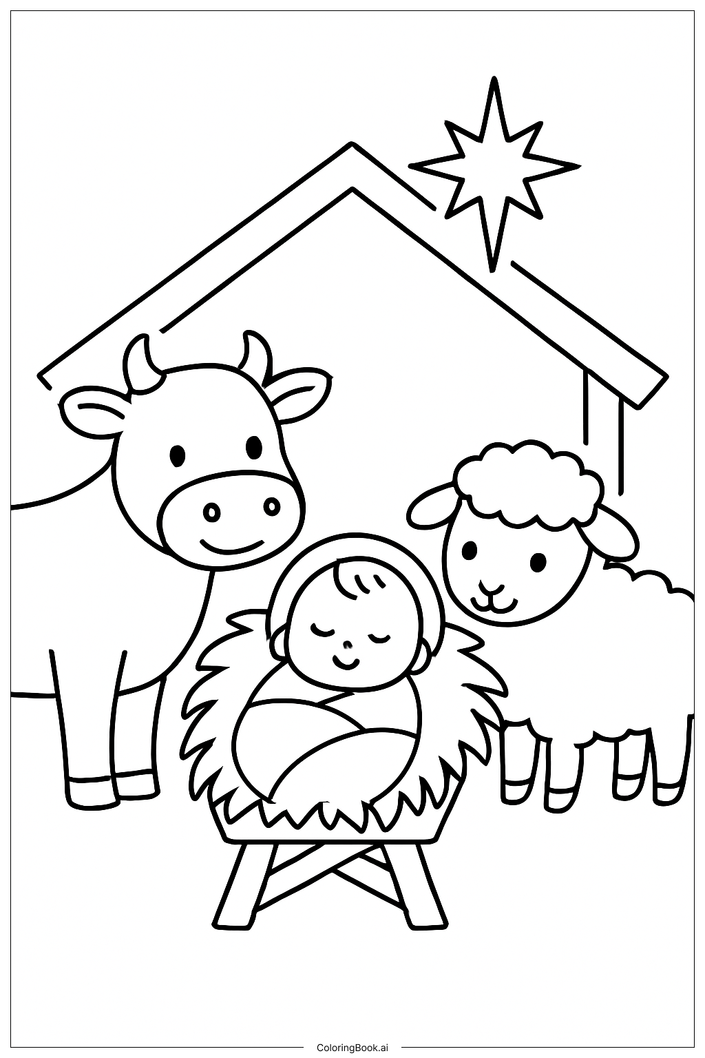  動物と祝うイエス様の赤ちゃんの誕生日の塗り絵ページ 