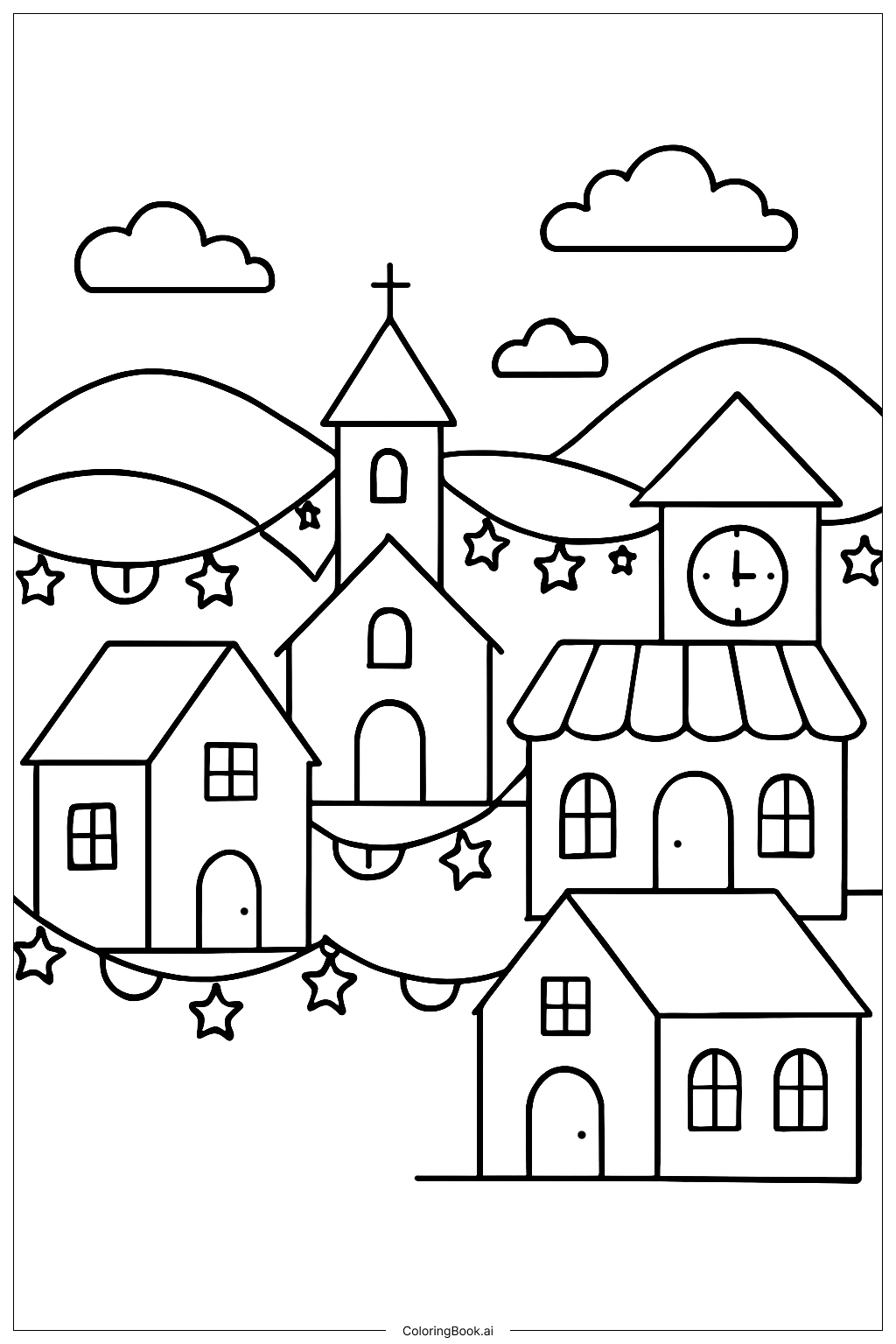  Página para colorir de Feliz Aniversário Jesus Vila Festiva 