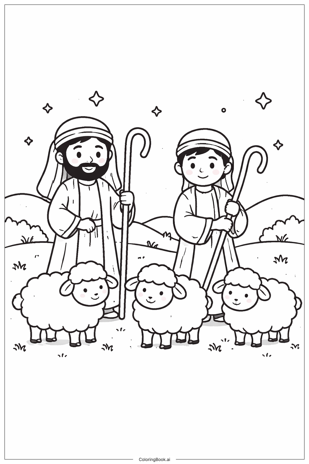  Página para colorir de Feliz Aniversário Jesus Pastores e Ovelhas 