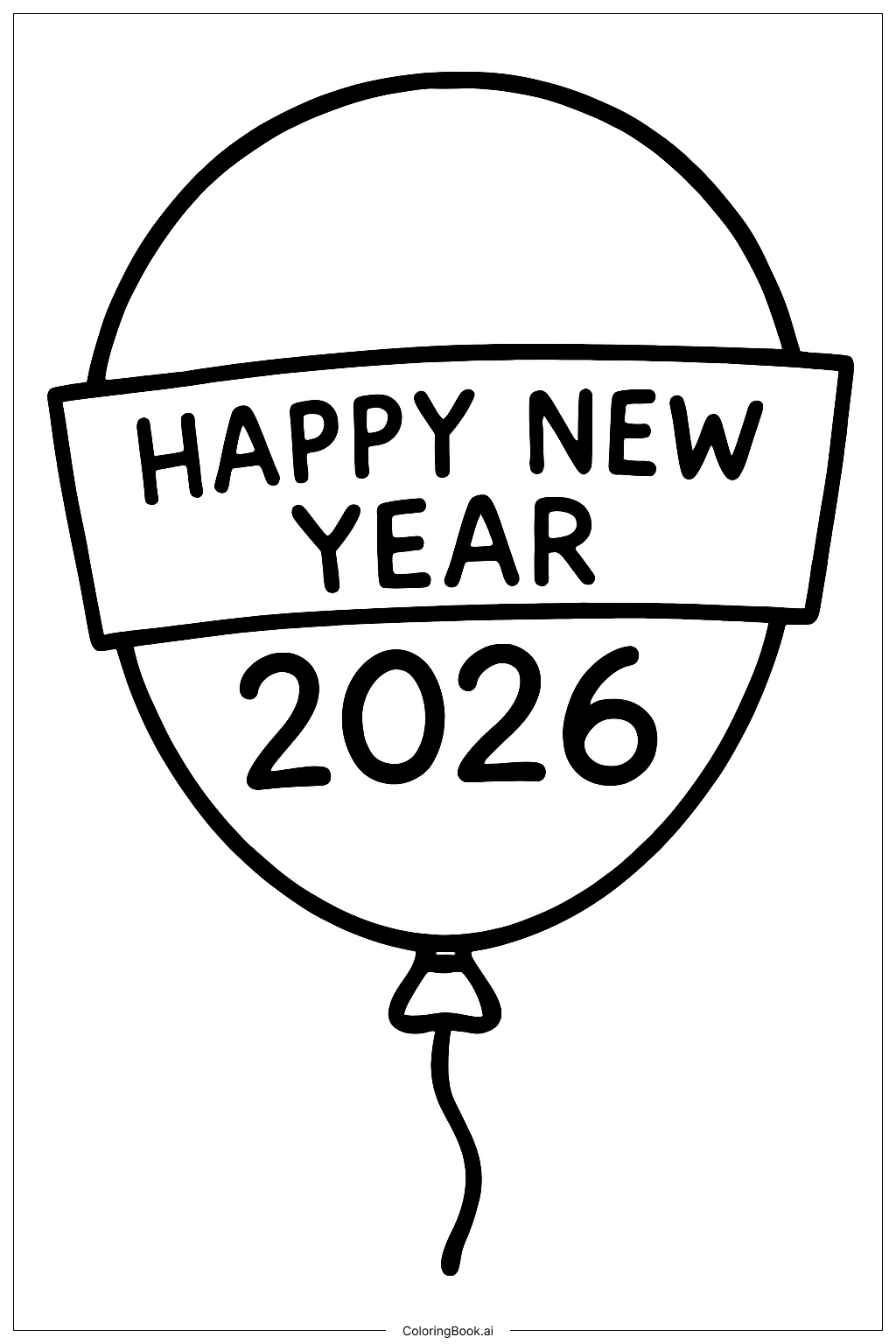 Happy New Year 2026 Big Balloon Coloring Page