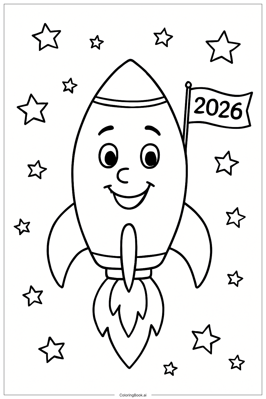  Happy New Year 2026 Cute Rocket Ship Coloring Page 