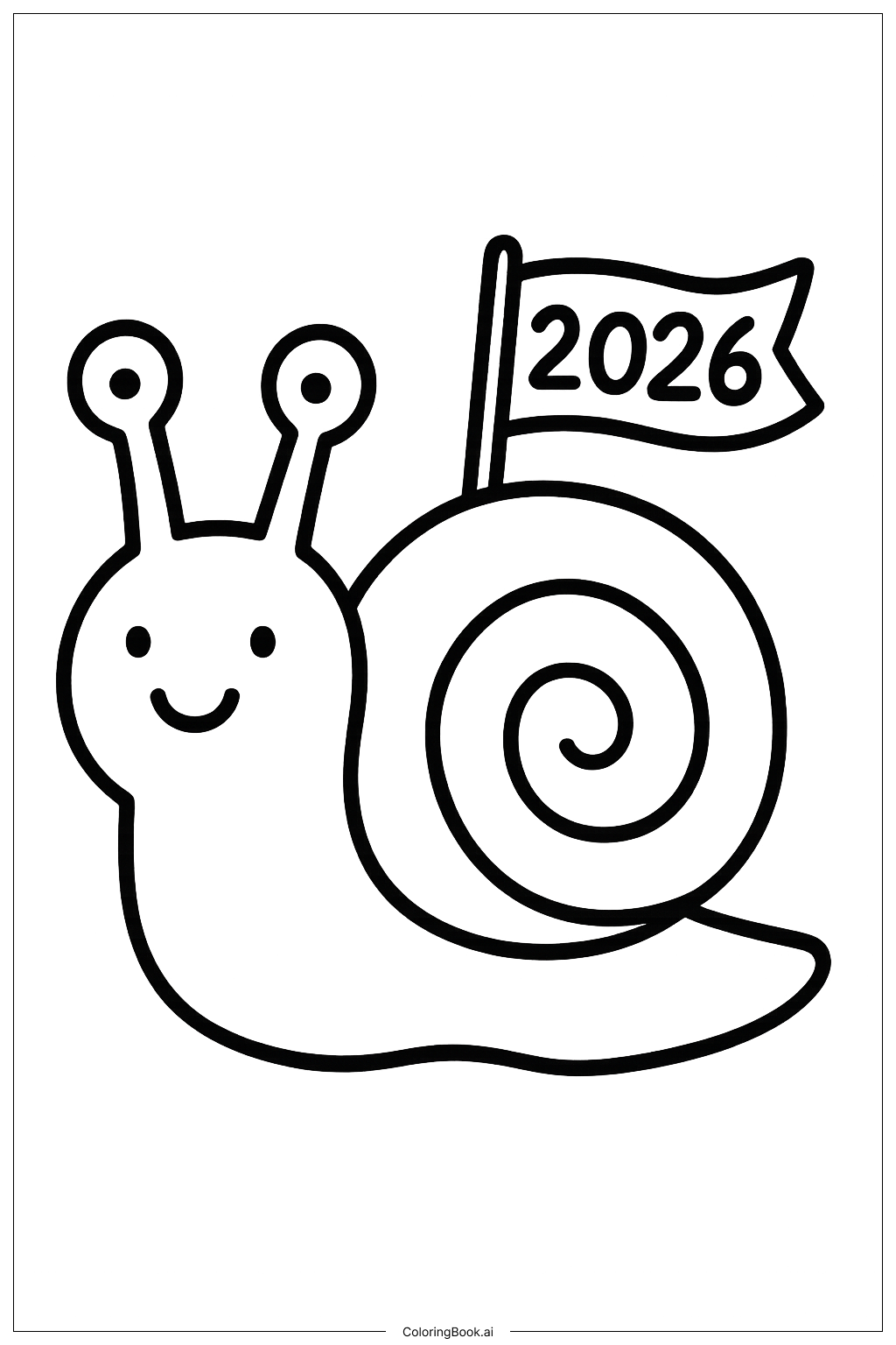  Page de coloriage Escargot de fête Heureuse Nouvelle Année 2026 