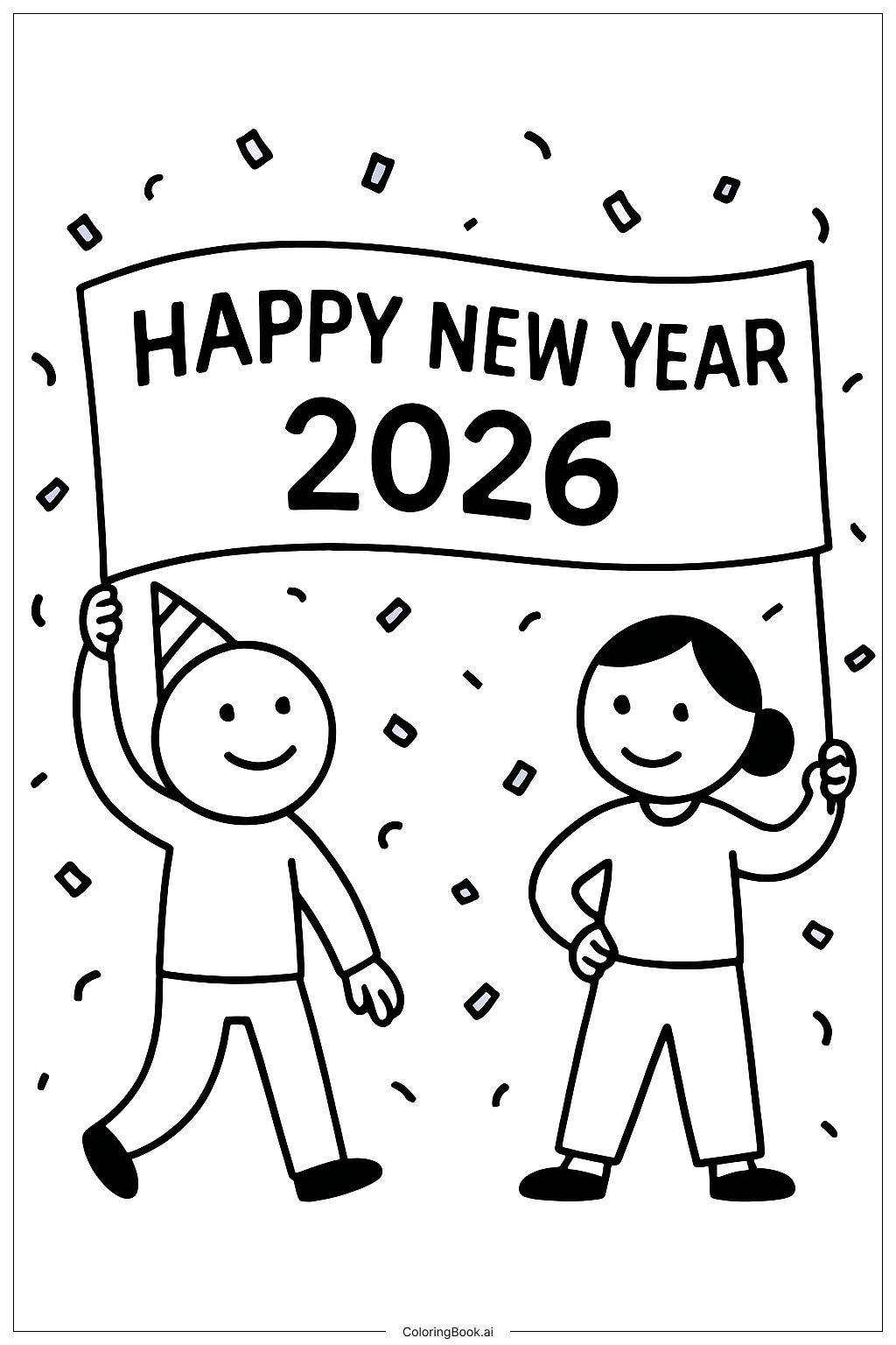  Happy New Year 2026 Simple Parade Banner Coloring Page 
