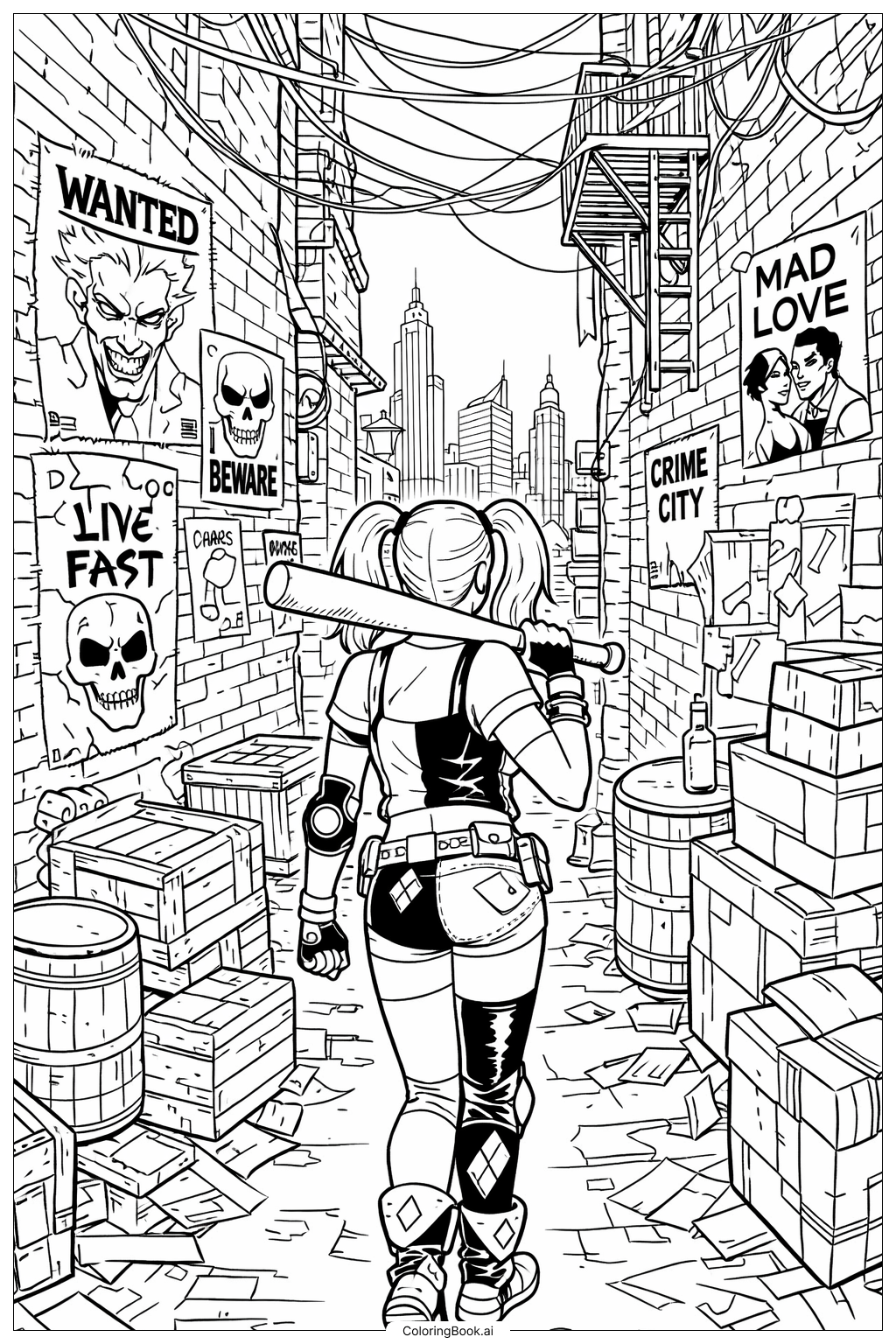  Trang tô màu Harley Quinn Khám Phá Một Con Hẻm Bí Ẩn 