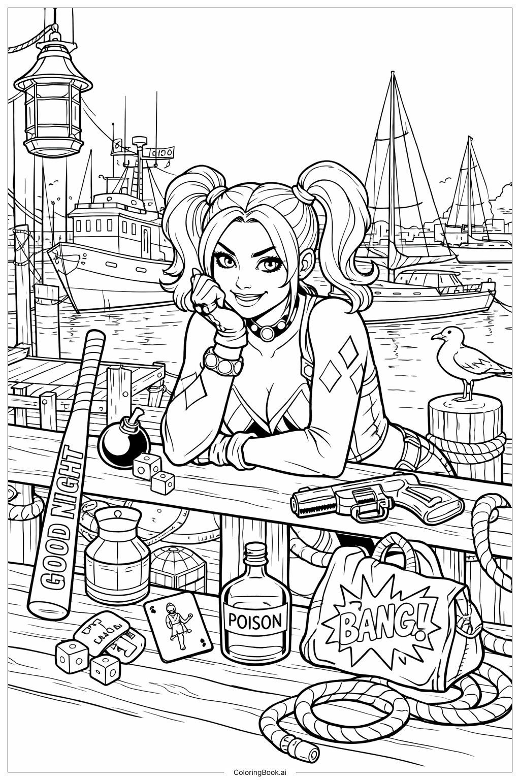  Trang tô màu Harley Quinn Phong Cảnh Đêm Bến Cảng 
