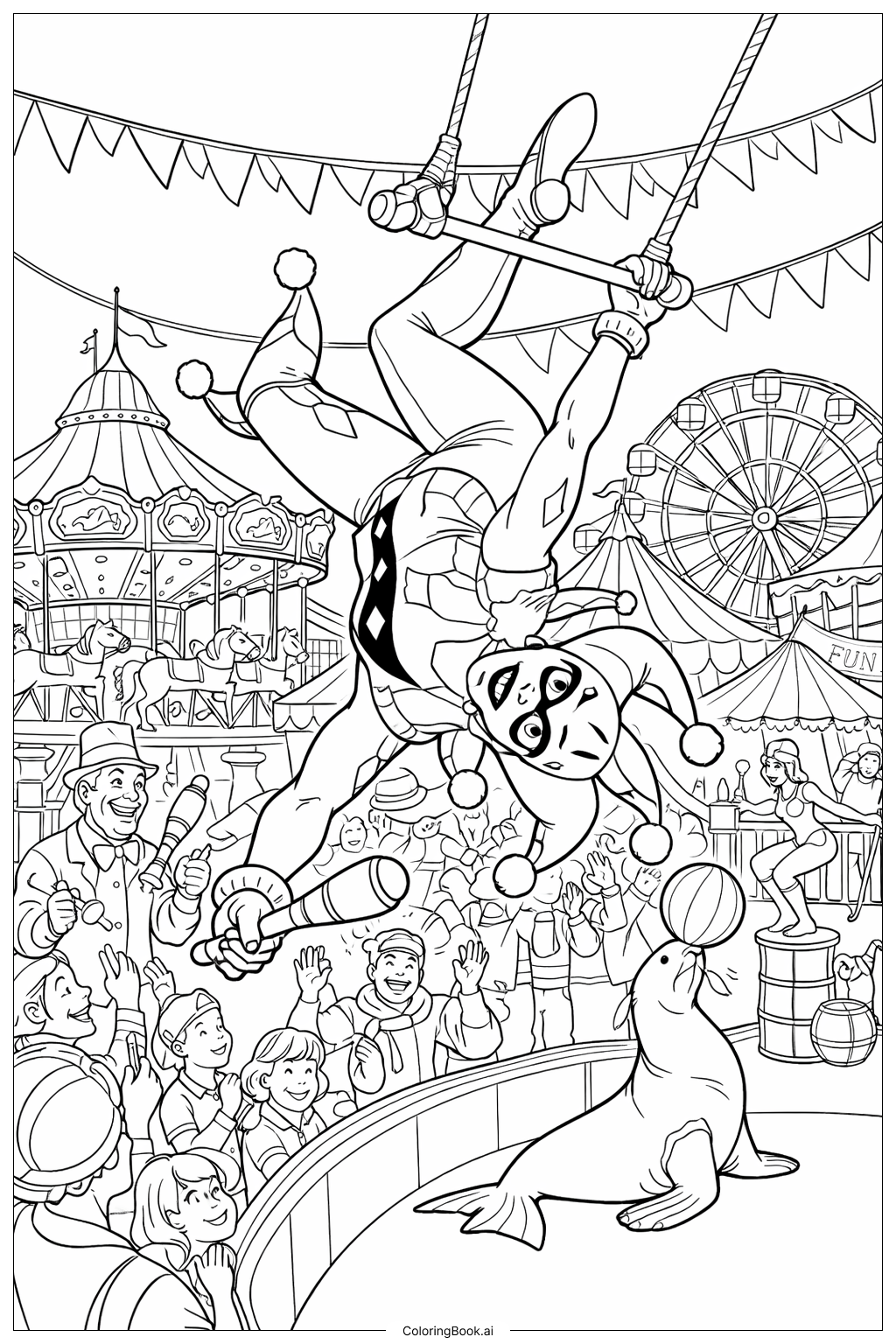  Trang tô màu Harley Quinn Trong Một Buổi Biểu Diễn Hội Chợ 