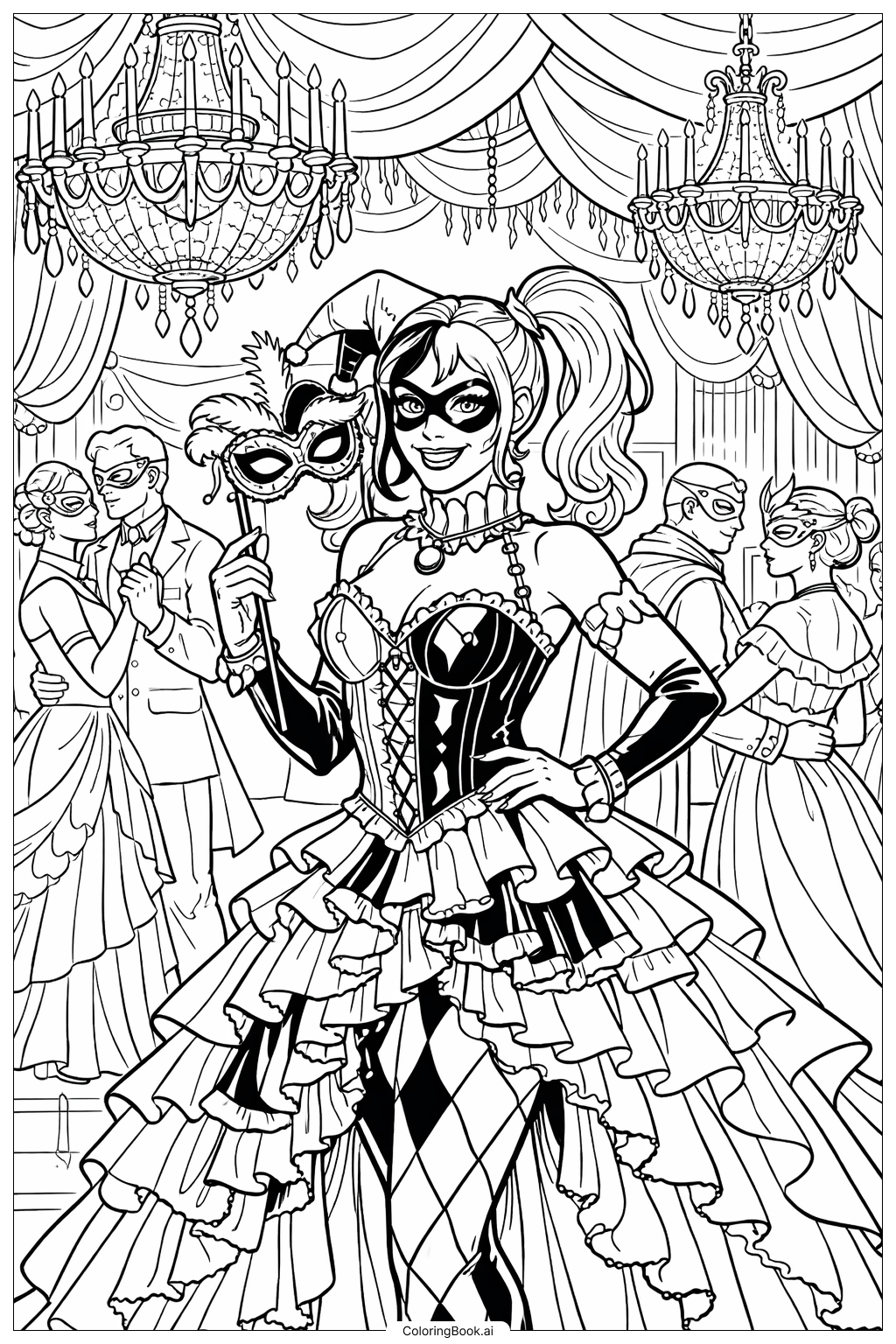 가면 무도회의 할리 퀸 색칠공부 페이지
