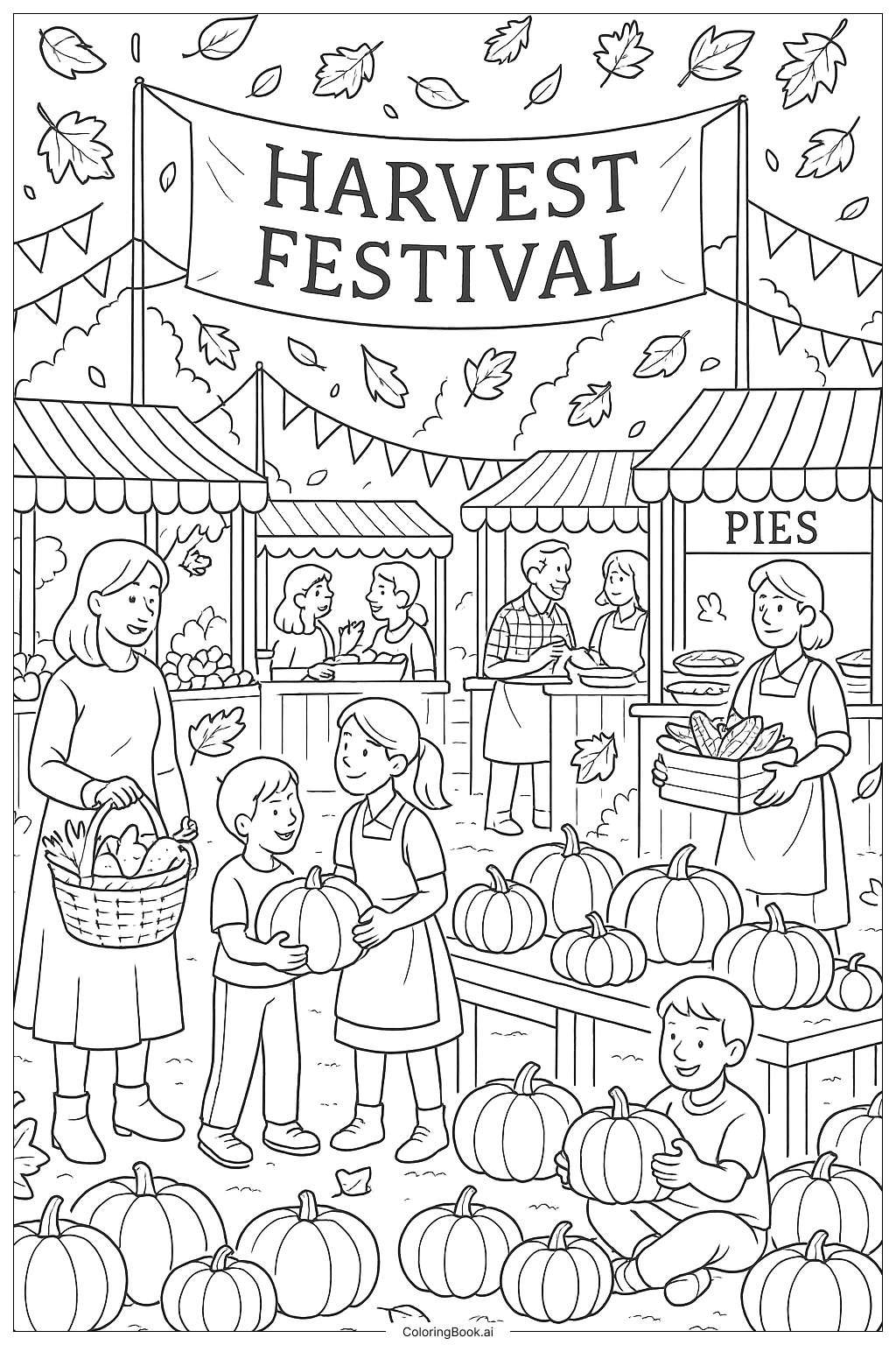 Página para colorir de Festival da Colheita Folhas de Outono