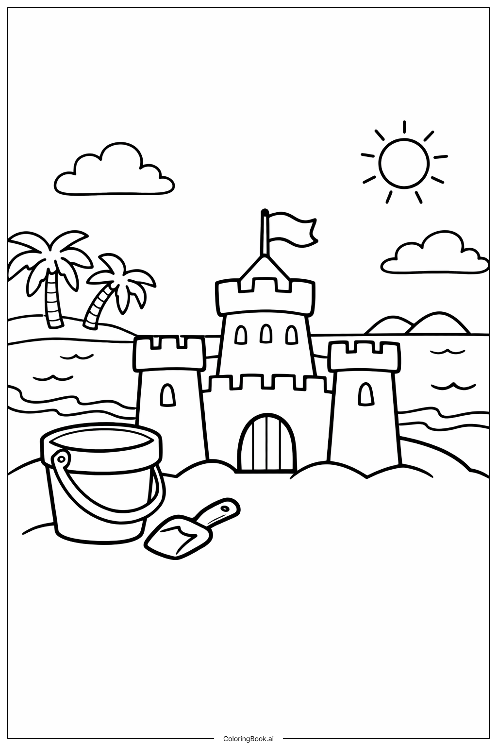  Page de coloriage Château de sable sur la plage d'Hawaï 