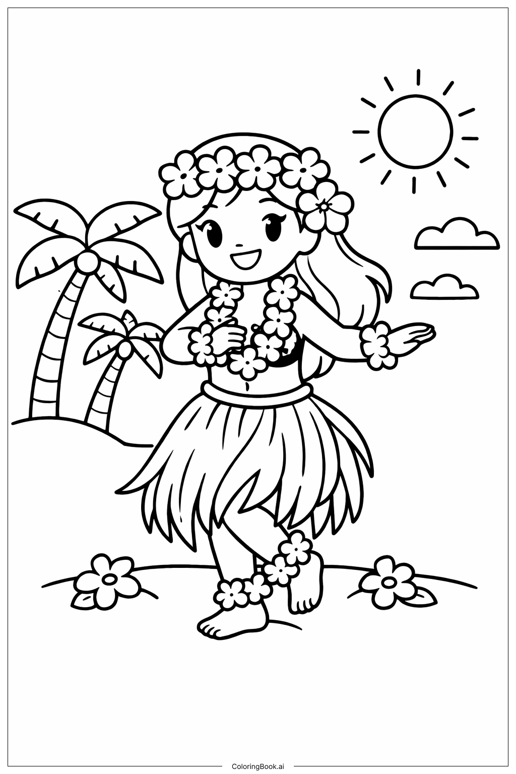  Page de coloriage Scène de danseuse de hula hawaïenne 