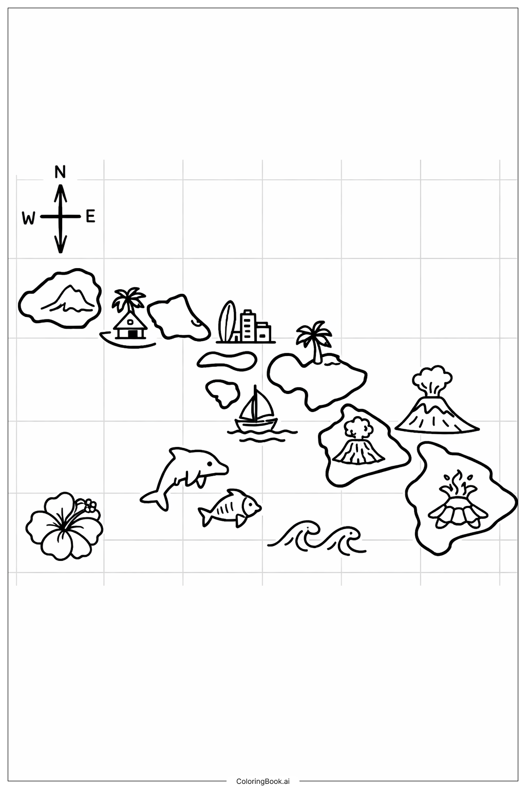  Page de coloriage Carte Simple de l'Île d'Hawaï 