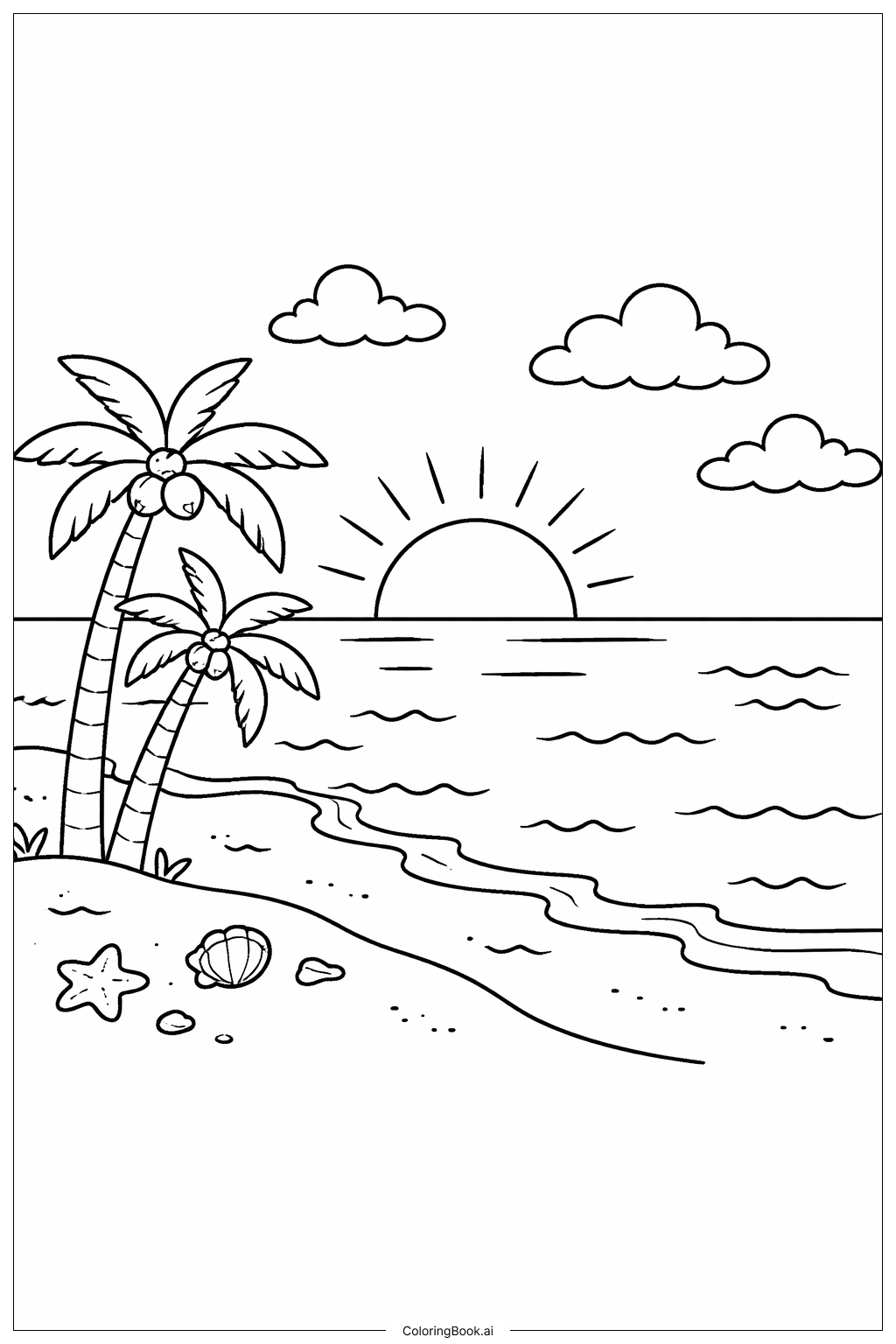  Page de coloriage Plage au coucher de soleil à Hawaï 
