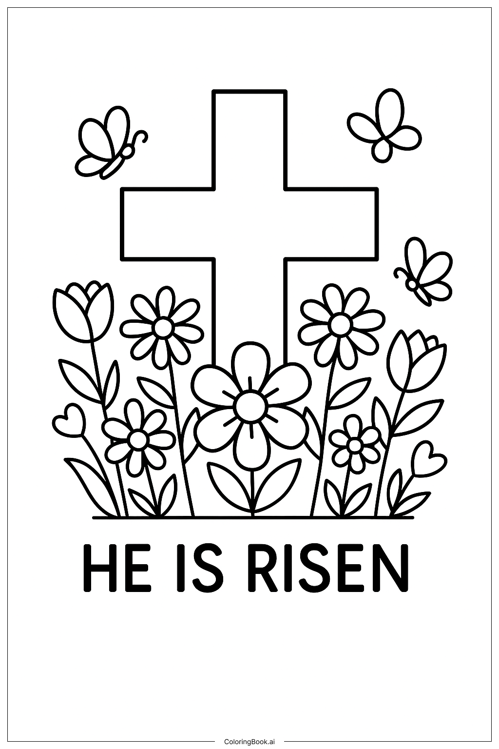  Página para colorear de Él Ha Resucitado Cruz en Jardín Floreciente 
