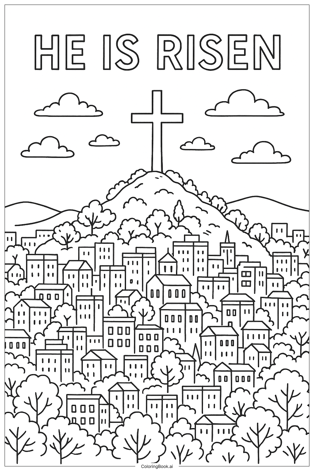  Página para colorear de Él ha Resucitado Vista de la Ciudad con Cruz 