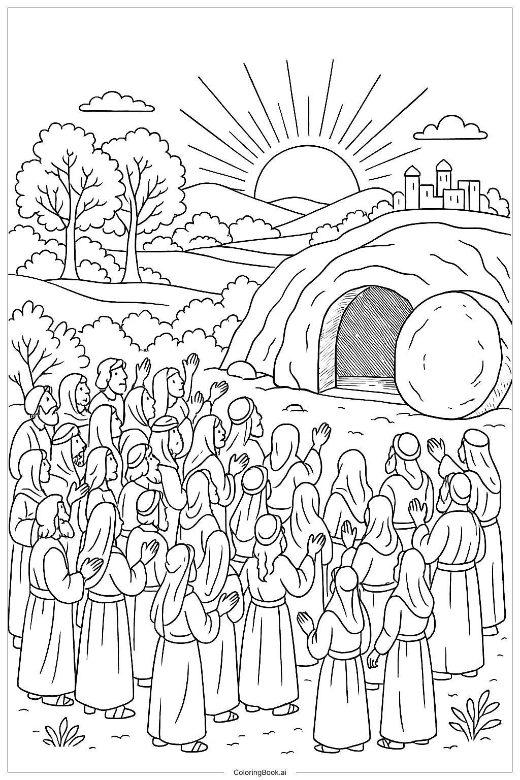  Página para colorear de Él ha resucitado Multitud en la tumba 